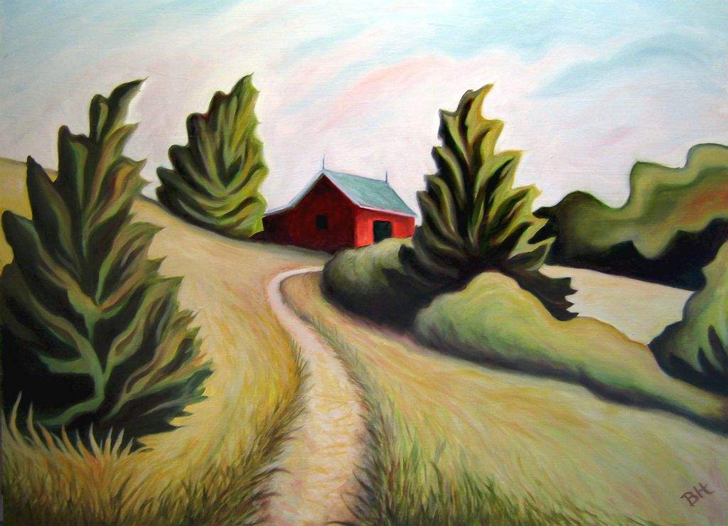 Path to Red Barn Three Pines, oil on board, 13"H 17"W